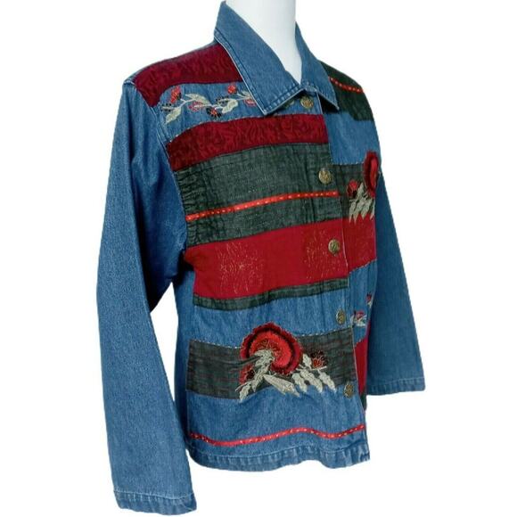 Vintage Patchwork Jean Jacket Blazer 👖❤️💛Embroidered Womens 8 Retro Coat - Picture 13 of 14